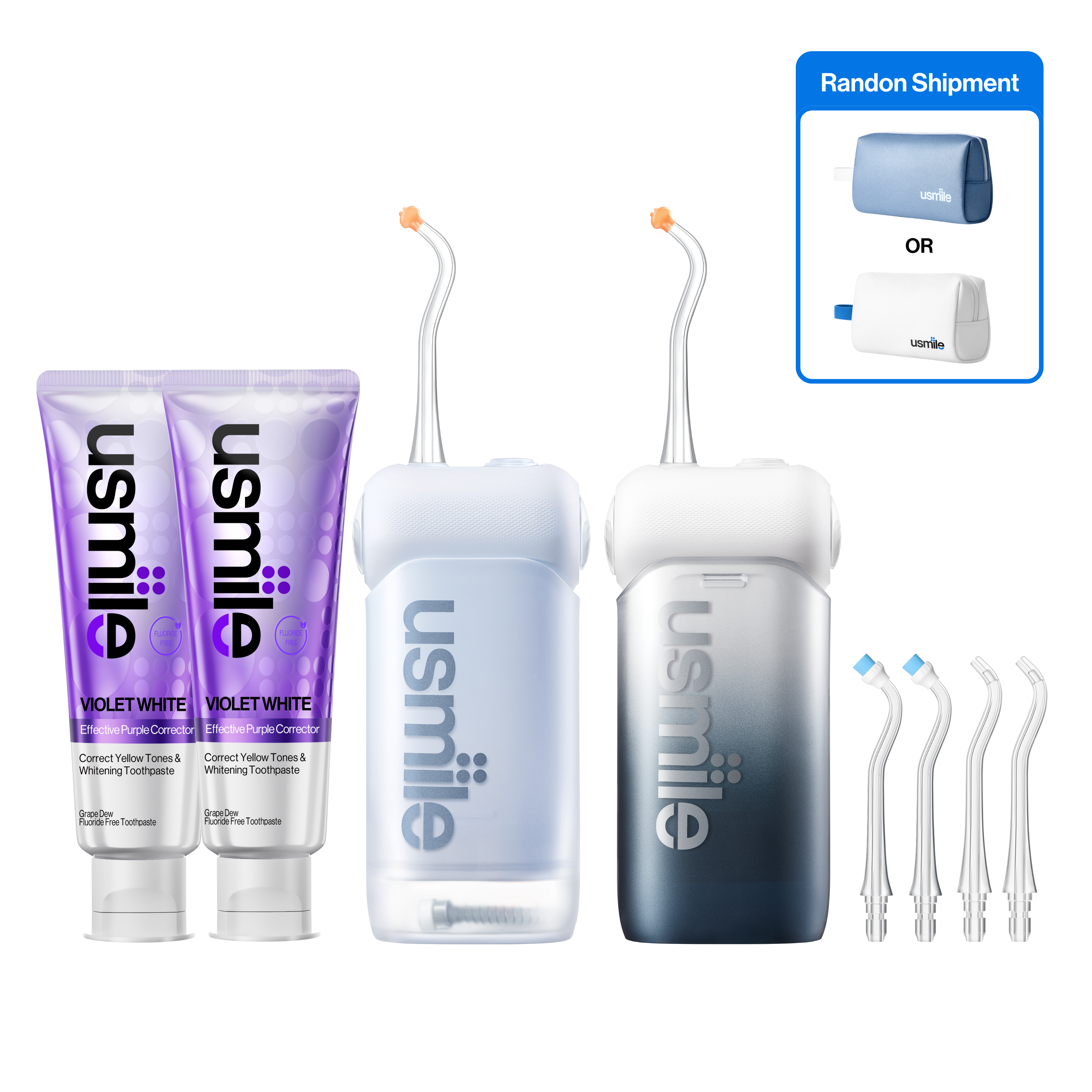 usmile travel kit with blue and black water flossers, two toothpaste tubes, four tips, and a random blue or white bag
