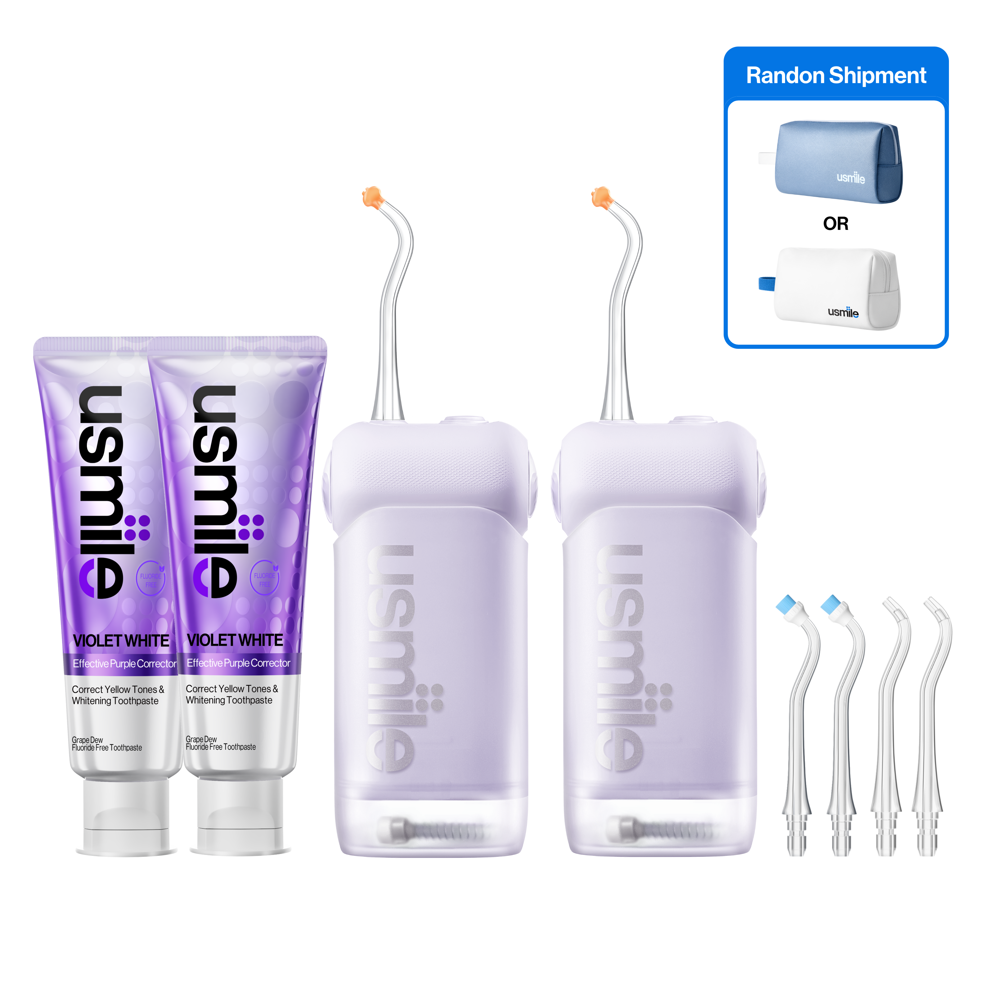 Two purple usmile water flossers, four tips, two toothpaste tubes, and a blue or white travel bag selected at random