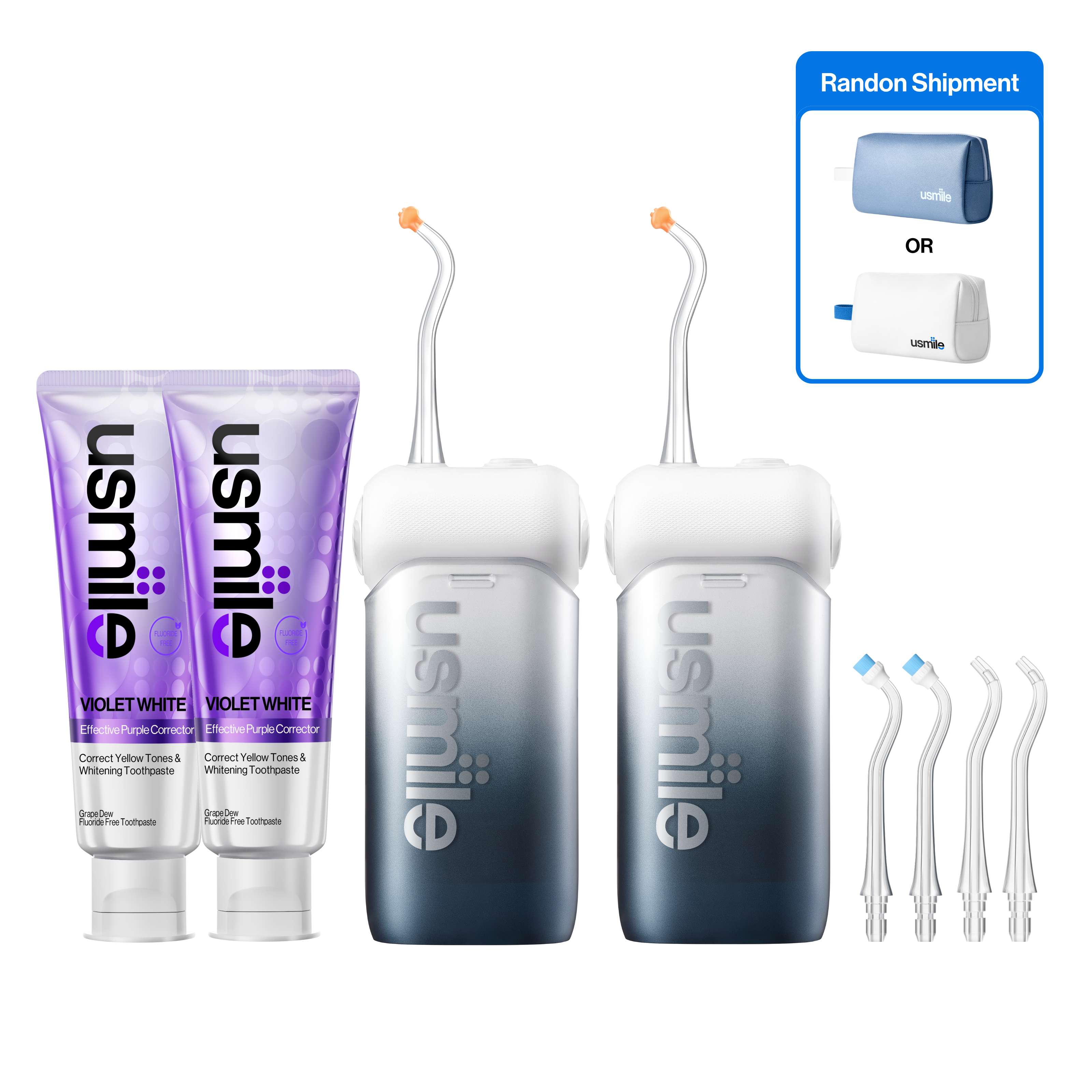 Two Inkstone Black usmile water flossers with two toothpaste tubes, four tips, and a randomly selected travel bag