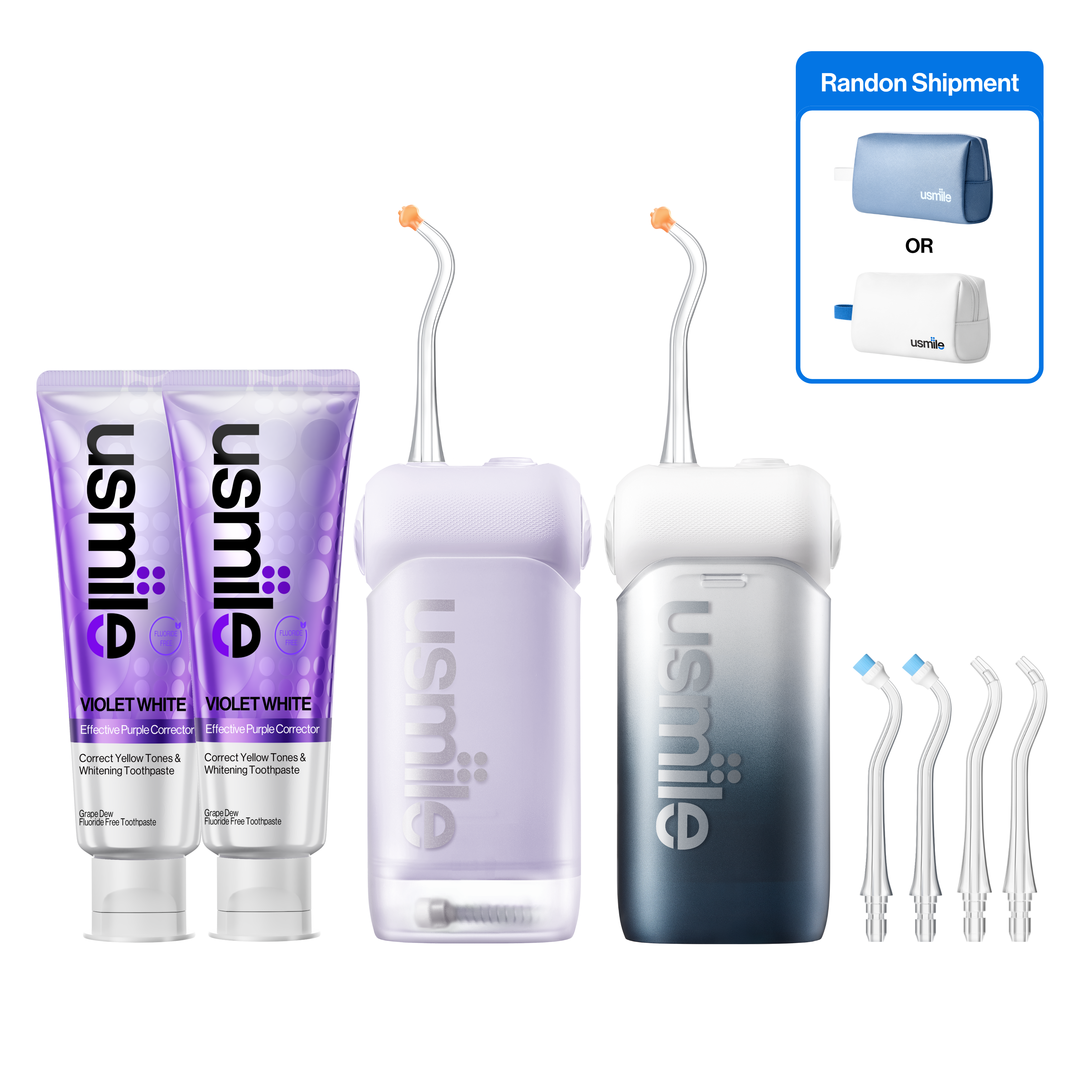 usmile travel kit: purple and black water flossers, two toothpaste tubes, four tips, and a random blue or white toiletry bag