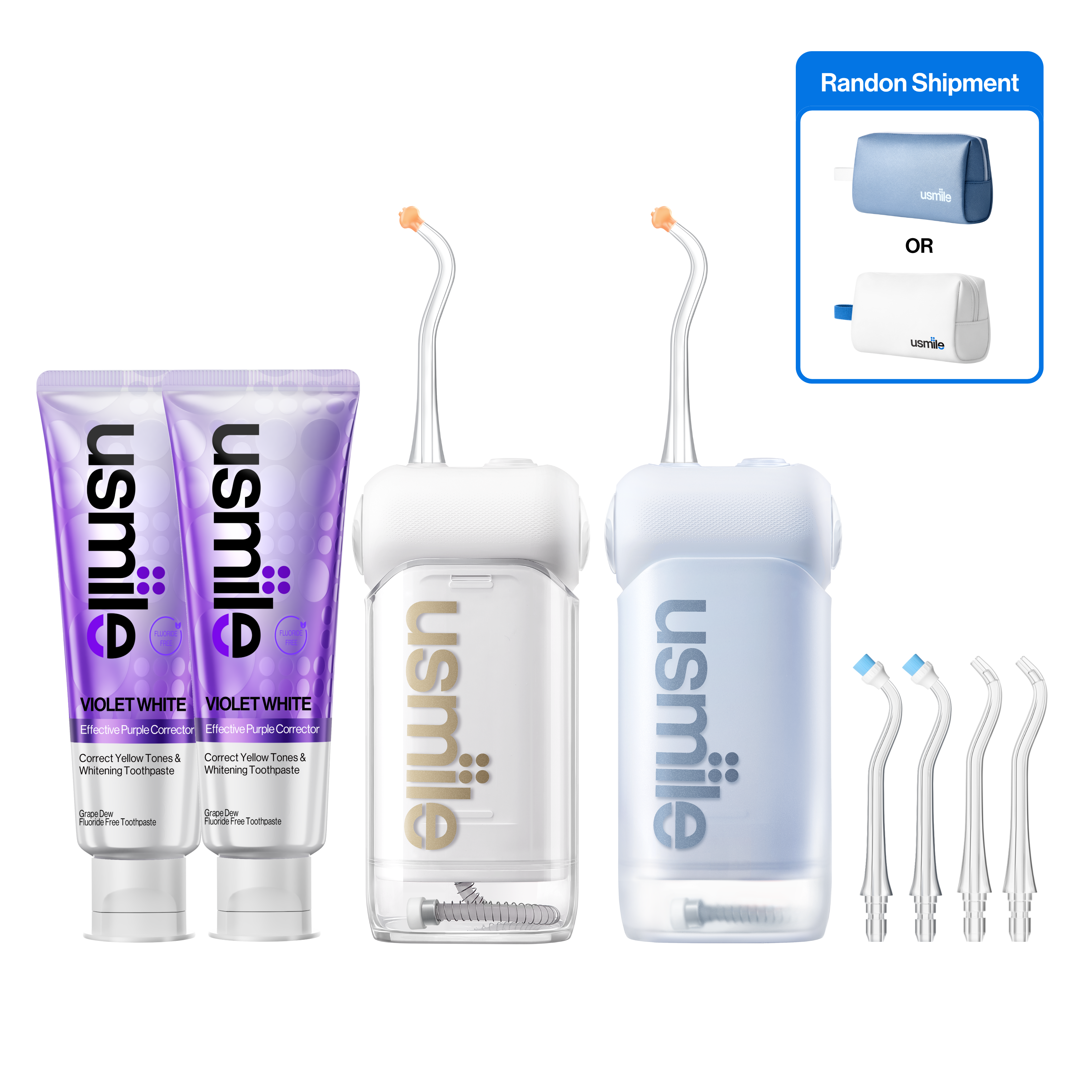 usmile travel kit with two water flossers, two toothpaste tubes, four tips, and a randomly selected blue or white bag