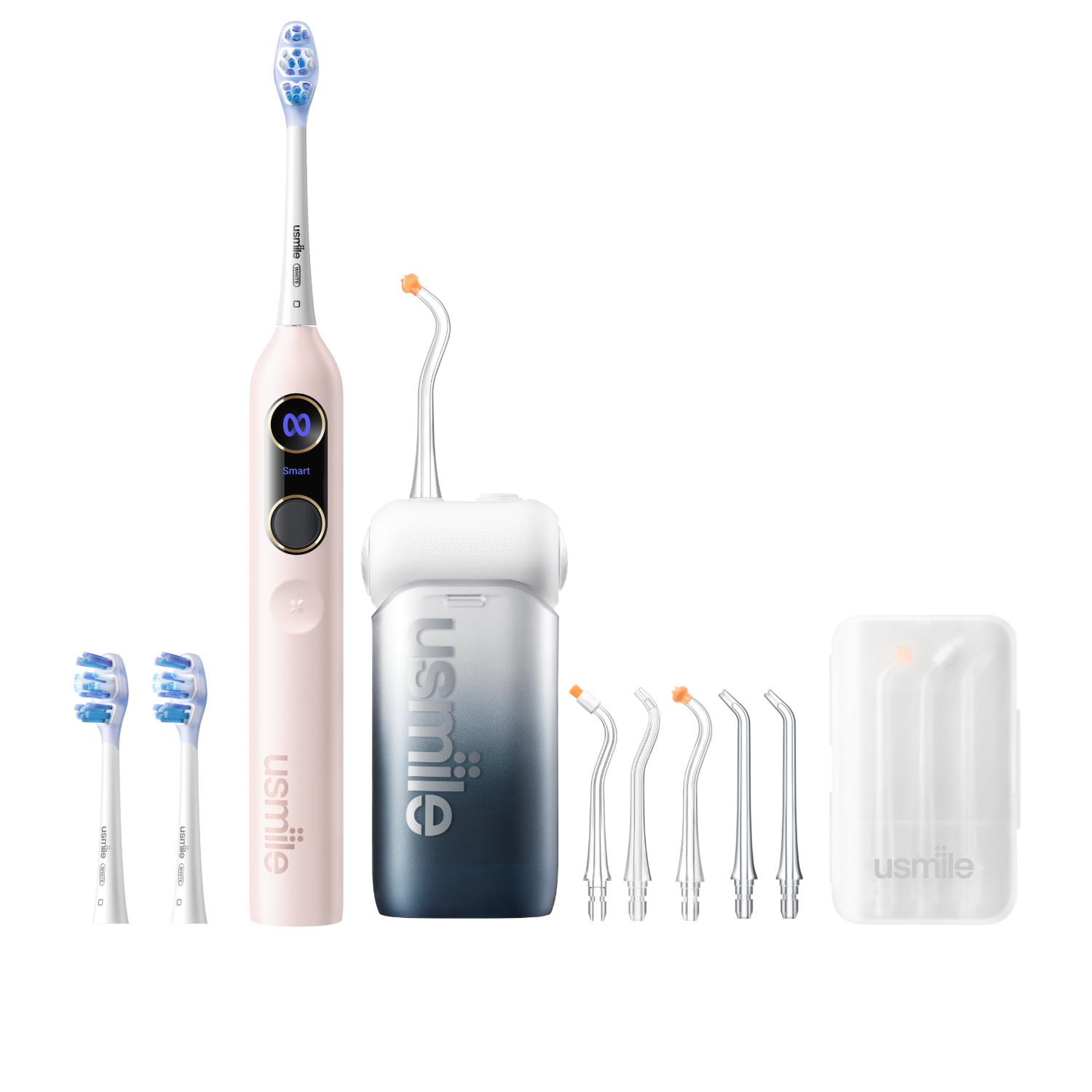 usmile Y20 PRO pink electric toothbrush and C10 Inkstone Black water flosser with spare brush heads, tips and case