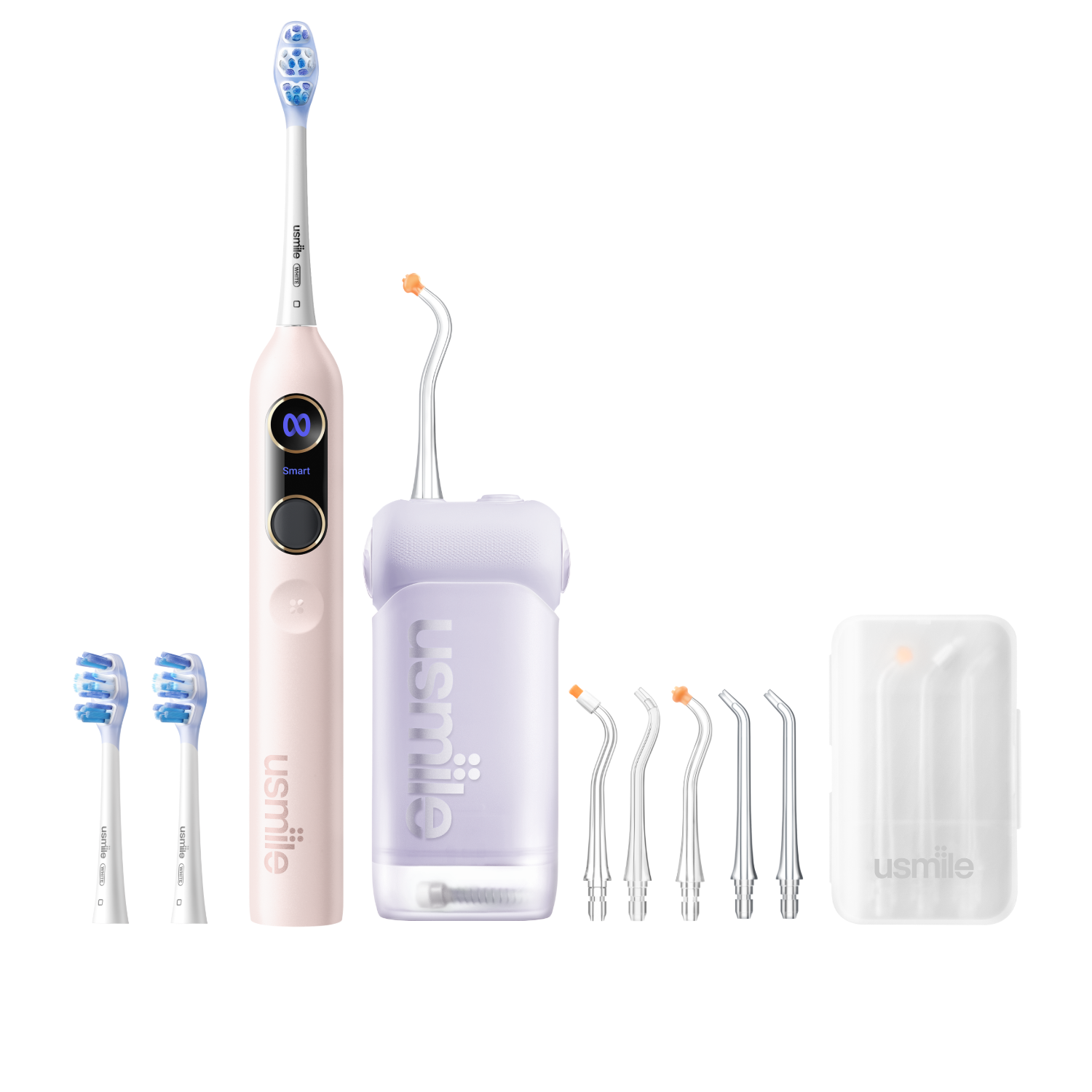 usmile Y20 PRO pink electric toothbrush and purple C10 portable dental flosser with spare heads, tips and case